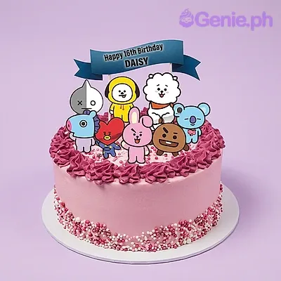 Pink 1-tier birthday cake with BTS BT21 character printouts and Happy 16th Birthday banner Pink 1-tier birthday cake with BTS BT21 character printouts and Happy 16th Birthday banner