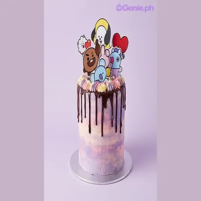 Lavender gradient 1-tier cake with BT21 character printouts and chocolate drip Lavender gradient 1-tier cake with BT21 character printouts and chocolate drip