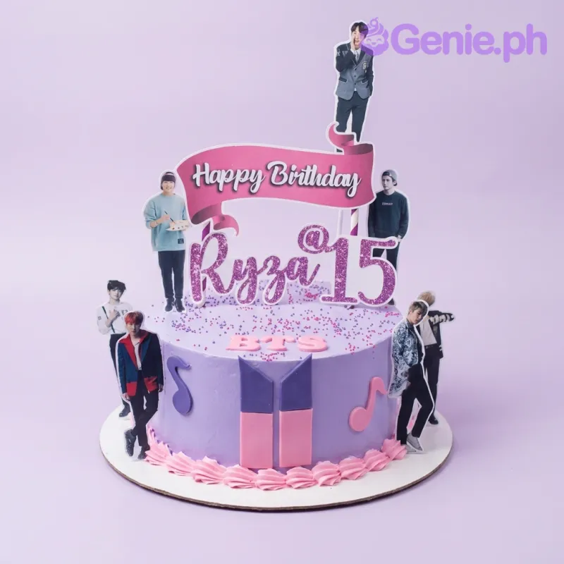 Purple BTS themed birthday cake for Ryza's 15th birthday with K-pop member printouts and pink icing border. Purple BTS themed birthday cake for Ryza's 15th birthday with K-pop member printouts and pink icing border.