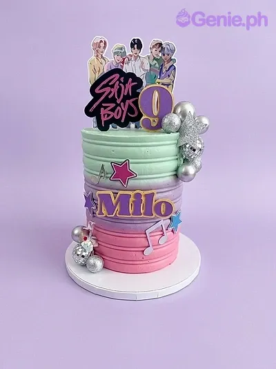 A pink, purple, mint green 1-tier BTS Kpop cake with BTS members, logo, and '9' printouts, disco balls, and stars. A pink, purple, mint green 1-tier BTS Kpop cake with BTS members, logo, and '9' printouts, disco balls, and stars.