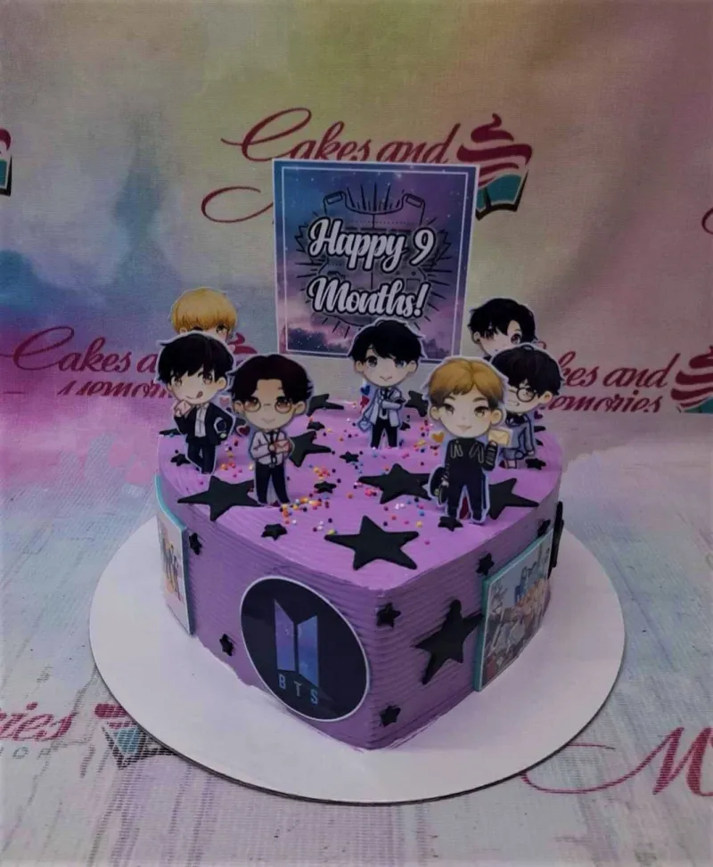 Purple square BTS themed cake with chibi character printouts, black stars, and colorful sprinkles. Purple square BTS themed cake with chibi character printouts, black stars, and colorful sprinkles.