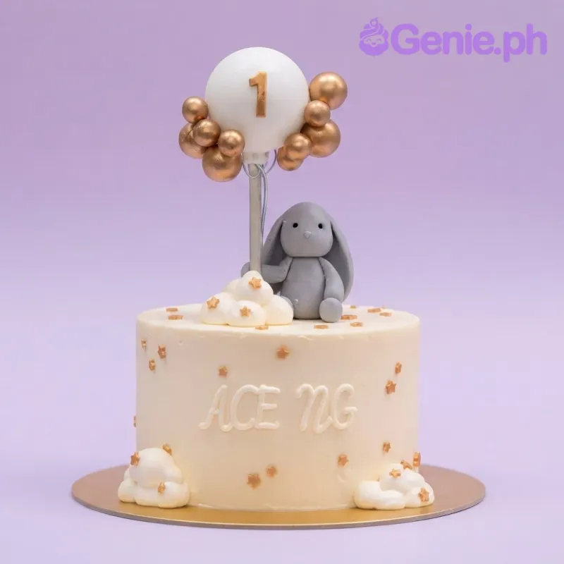 Ivory 1-tier cake with a grey bunny figurine, a white balloon topper with a gold number one, and gold star accents Ivory 1-tier cake with a grey bunny figurine, a white balloon topper with a gold number one, and gold star accents