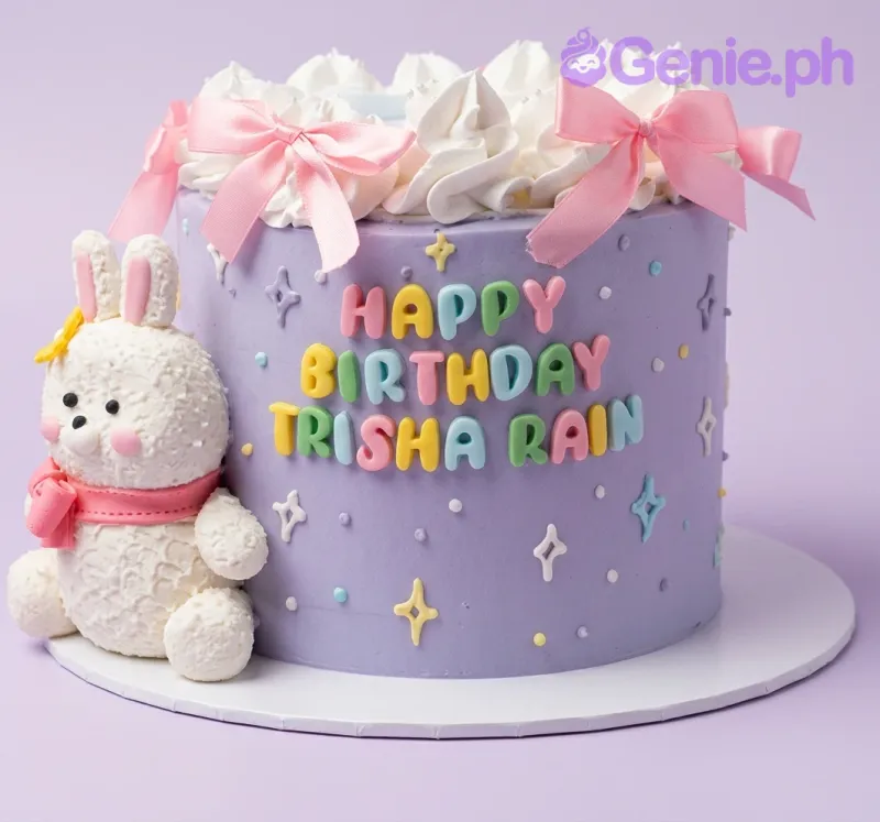 A purple single tier cake themed around Bunny Birthday, featuring a large white fondant bunny and pink satin bows. A purple single tier cake themed around Bunny Birthday, featuring a large white fondant bunny and pink satin bows.