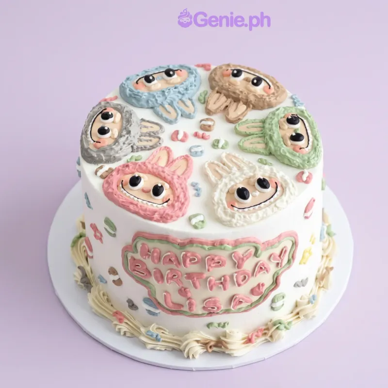 White 1-tier birthday cake with five colorful bunny fondant toppers and piped Happy Birthday message White 1-tier birthday cake with five colorful bunny fondant toppers and piped Happy Birthday message