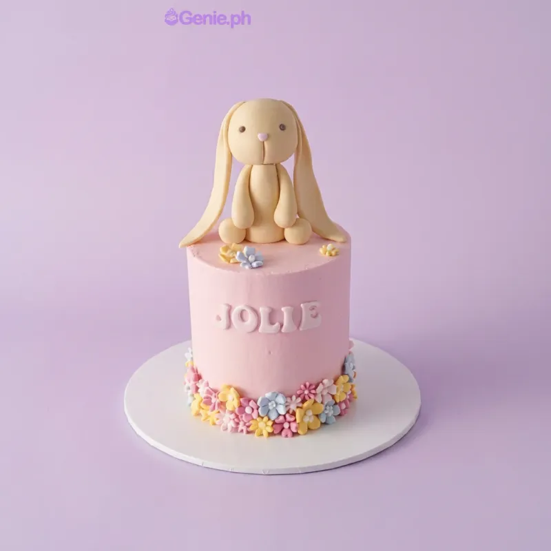 Pink 1-tier cake with a 3D bunny topper and colorful edible flowers at the base Pink 1-tier cake with a 3D bunny topper and colorful edible flowers at the base