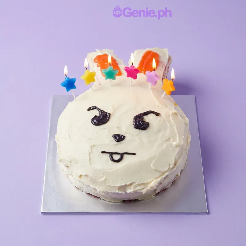 White rabbit shaped cake with orange icing on ears and star shaped candles on top White rabbit shaped cake with orange icing on ears and star shaped candles on top