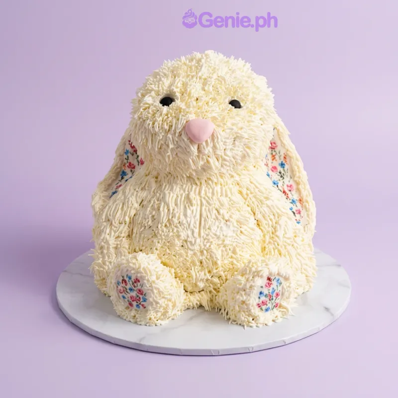 White 1 tier cake with floral print bunny ears, a pink heart nose, black icing eyes, and pink paw pads White 1 tier cake with floral print bunny ears, a pink heart nose, black icing eyes, and pink paw pads
