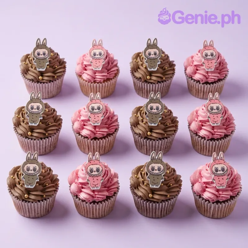 Three cupcakes with brown, green, and pink icing topped with printed bunny character cutouts Three cupcakes with brown, green, and pink icing topped with printed bunny character cutouts