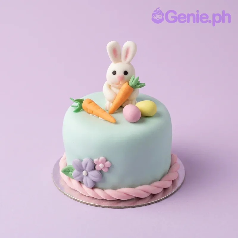 A light blue 1 Tier Fondant cake themed around Bunny Easter, featuring a 3D bunny holding a carrot, fondant eggs, carrots, and flowers. A light blue 1 Tier Fondant cake themed around Bunny Easter, featuring a 3D bunny holding a carrot, fondant eggs, carrots, and flowers.