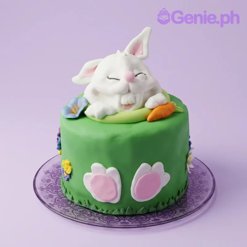 A green 1 Tier Fondant cake themed around Bunny Garden, featuring a large white 3D bunny, a carrot, and colorful flowers. A green 1 Tier Fondant cake themed around Bunny Garden, featuring a large white 3D bunny, a carrot, and colorful flowers.