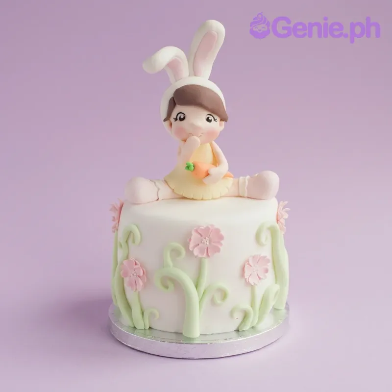 A white 1 Tier Fondant Bunny Girl cake, featuring an edible bunny girl figure, accented with pink flowers and green vines. A white 1 Tier Fondant Bunny Girl cake, featuring an edible bunny girl figure, accented with pink flowers and green vines.
