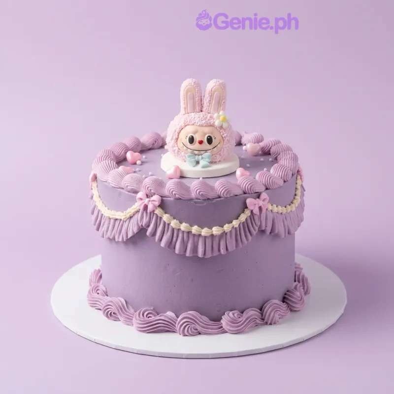 Lavender 1-tier cake with a 3D bunny character topper and pink fondant bows Lavender 1-tier cake with a 3D bunny character topper and pink fondant bows