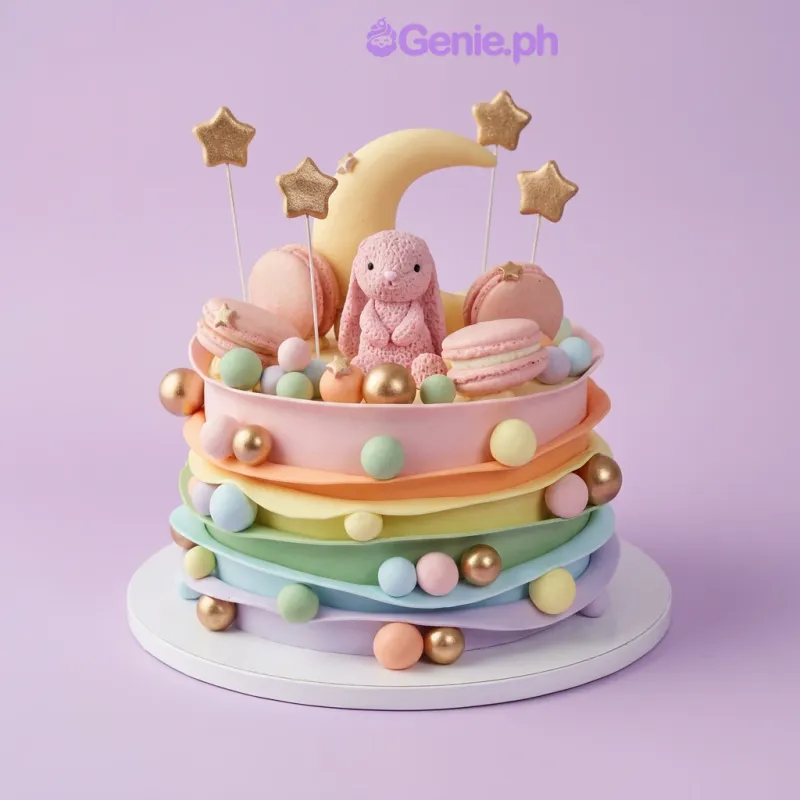 Pastel rainbow ruffled fondant cake with a bunny figurine, moon topper, and gold star accents Pastel rainbow ruffled fondant cake with a bunny figurine, moon topper, and gold star accents
