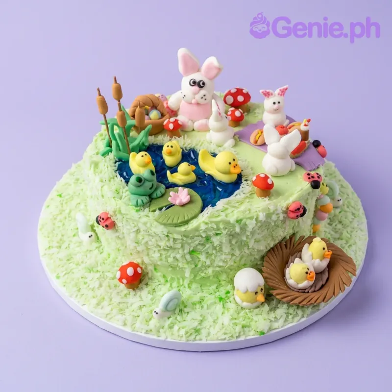A green and blue 1-tier cake themed around Bunny Nature, featuring fondant bunnies, ducks, a frog, and mushrooms. A green and blue 1-tier cake themed around Bunny Nature, featuring fondant bunnies, ducks, a frog, and mushrooms.