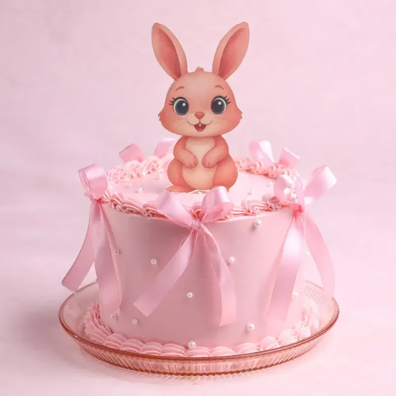 Pink 1-tier cake with soft icing, a bunny character printout, pink satin ribbons, and white pearl accents Pink 1-tier cake with soft icing, a bunny character printout, pink satin ribbons, and white pearl accents