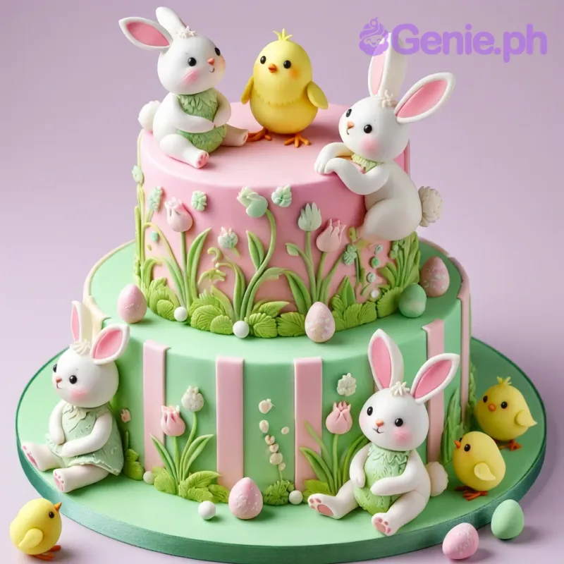 A pastel pink and green 2-tier fondant cake with a Bunny Spring Garden theme, featuring edible bunnies, yellow chicks, sculpted flowers, and eggs. A pastel pink and green 2-tier fondant cake with a Bunny Spring Garden theme, featuring edible bunnies, yellow chicks, sculpted flowers, and eggs.