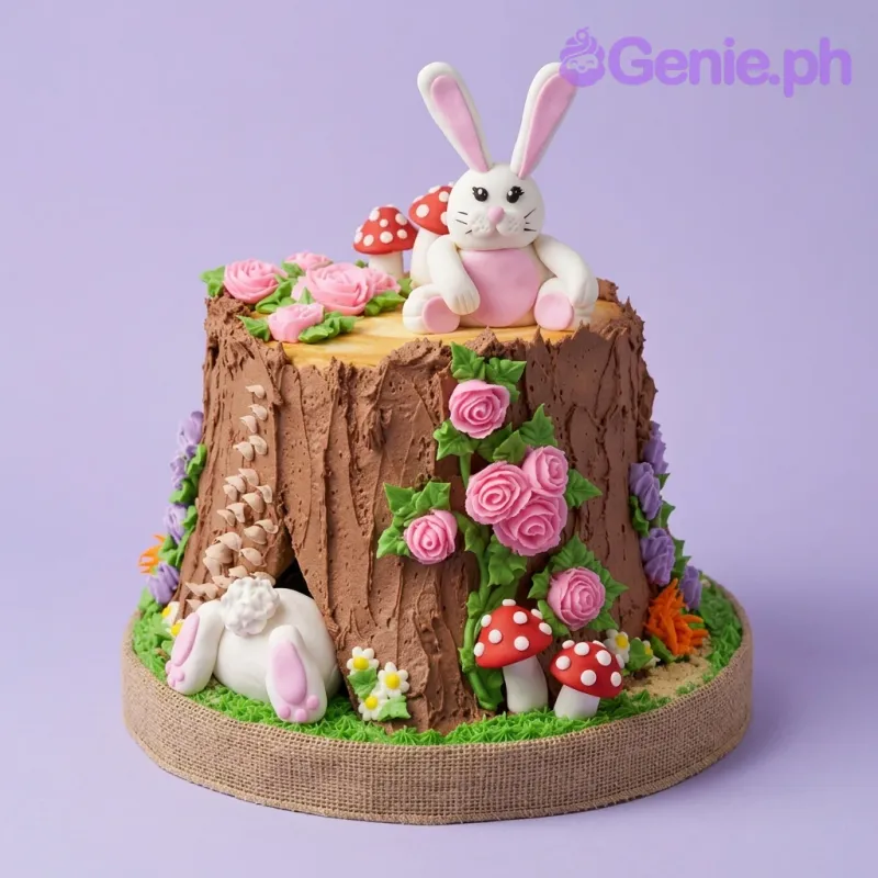 A brown and green 1 Tier cake themed around a Bunny Tree Stump, featuring fondant bunnies and woodland accents. A brown and green 1 Tier cake themed around a Bunny Tree Stump, featuring fondant bunnies and woodland accents.
