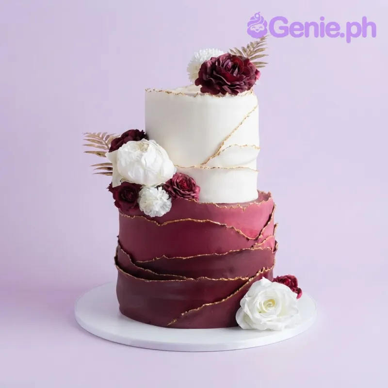 Burgundy and white 2-tier fondant cake with smooth icing, a burgundy gold fondant cake theme, a dark red burgundy peony, and textured ombre fondant panels Burgundy and white 2-tier fondant cake with smooth icing, a burgundy gold fondant cake theme, a dark red burgundy peony, and textured ombre fondant panels