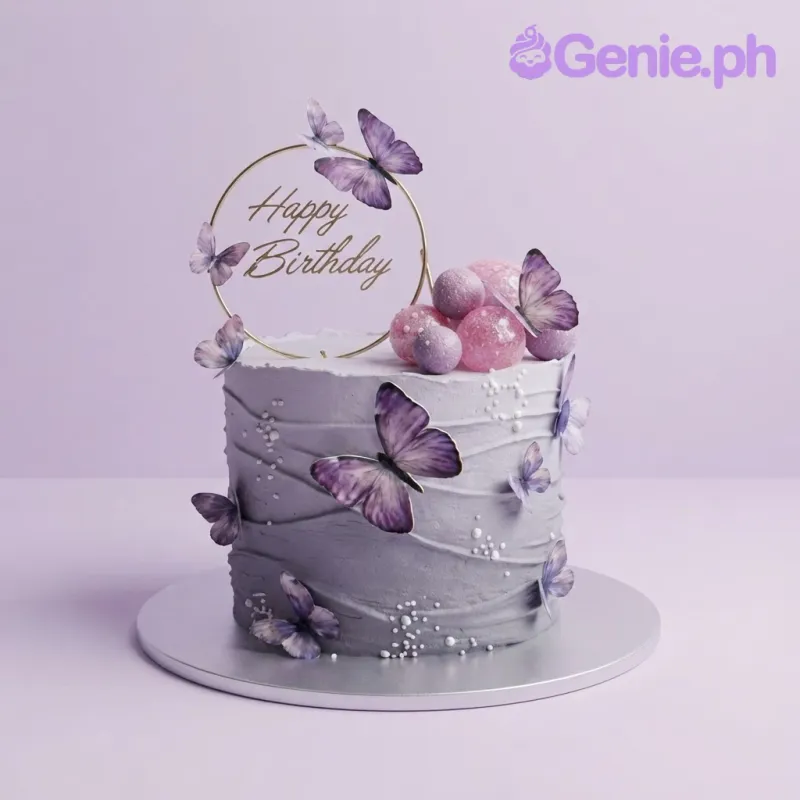 Lavender 1 tier soft icing birthday cake with purple butterfly printouts, a gold hoop topper, and pink spheres Lavender 1 tier soft icing birthday cake with purple butterfly printouts, a gold hoop topper, and pink spheres