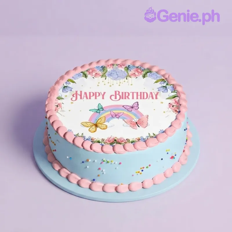 Light blue birthday cake with pink piped border and edible photo top featuring butterflies and rainbow Light blue birthday cake with pink piped border and edible photo top featuring butterflies and rainbow