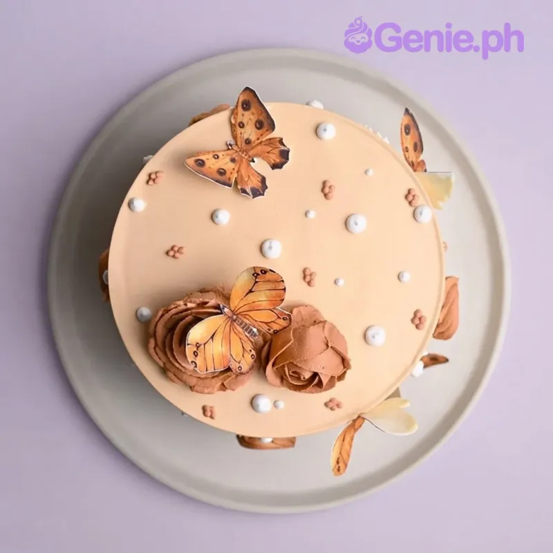 Peach 1-tier cake with printed butterfly cutouts and piped brown icing roses Peach 1-tier cake with printed butterfly cutouts and piped brown icing roses