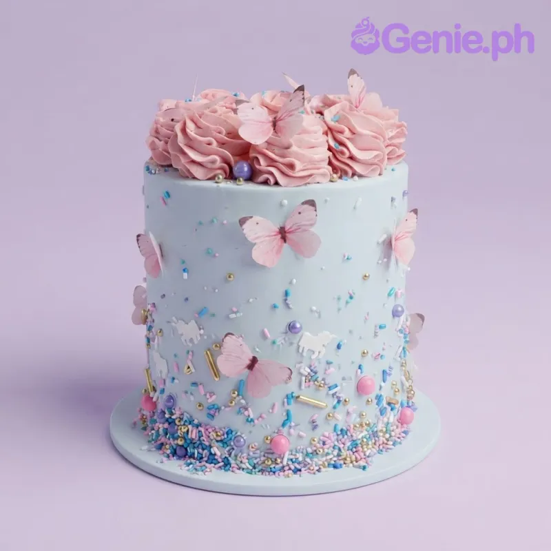 Light blue 1-tier cake with soft icing, pink butterfly printouts, piped pink rosettes, and colorful sprinkles Light blue 1-tier cake with soft icing, pink butterfly printouts, piped pink rosettes, and colorful sprinkles
