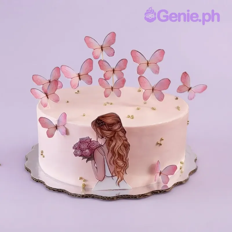 Light pink 1-tier cake with a printout of a girl holding flowers and multiple pink butterfly printouts on top Light pink 1-tier cake with a printout of a girl holding flowers and multiple pink butterfly printouts on top