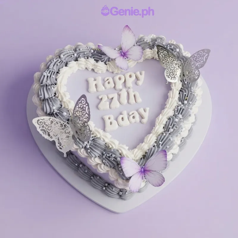 A white, gray, and purple 1-tier heart-shaped cake, themed Butterfly Heart, featuring purple and silver butterflies and icing rosettes. A white, gray, and purple 1-tier heart-shaped cake, themed Butterfly Heart, featuring purple and silver butterflies and icing rosettes.