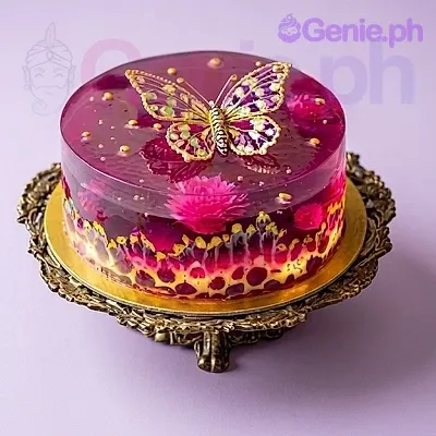 A purple 1 Tier jelly cake themed around Butterfly Jelly, featuring a large gold and purple butterfly topper and pink floral inclusions. A purple 1 Tier jelly cake themed around Butterfly Jelly, featuring a large gold and purple butterfly topper and pink floral inclusions.