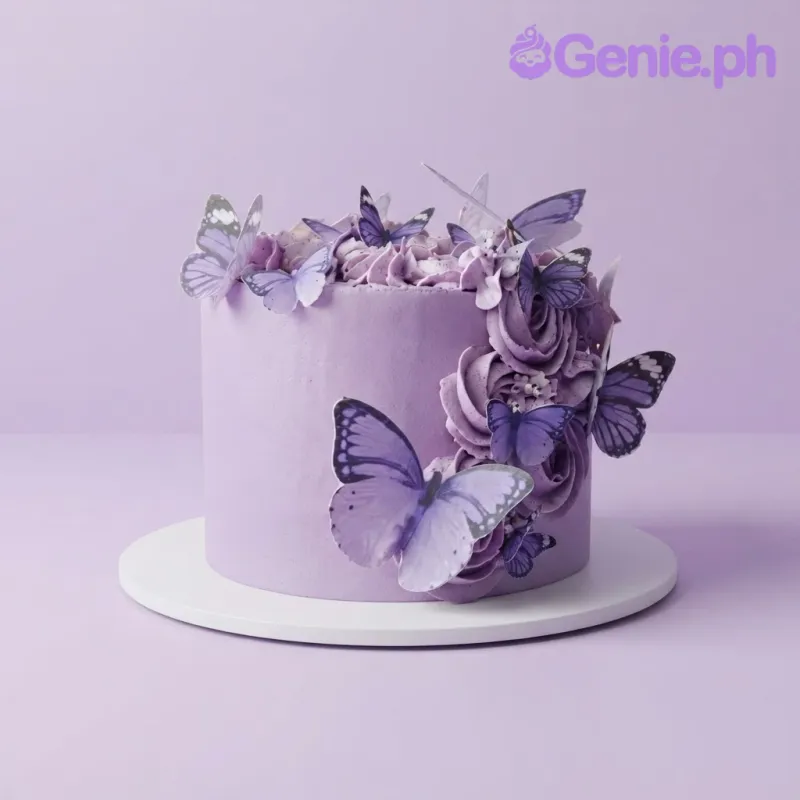 Lavender 1-tier soft icing cake with a large purple butterfly printout and cascading piped rosettes Lavender 1-tier soft icing cake with a large purple butterfly printout and cascading piped rosettes