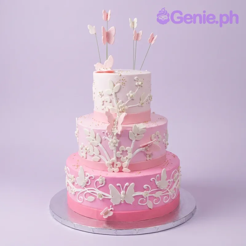 Three-tier pink butterfly birthday cake with white floral icing decorations and silver dragees. Three-tier pink butterfly birthday cake with white floral icing decorations and silver dragees.
