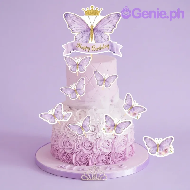 Two-tier lavender and pink butterfly birthday cake with a gold crown topper and piped icing rosettes. Two-tier lavender and pink butterfly birthday cake with a gold crown topper and piped icing rosettes.