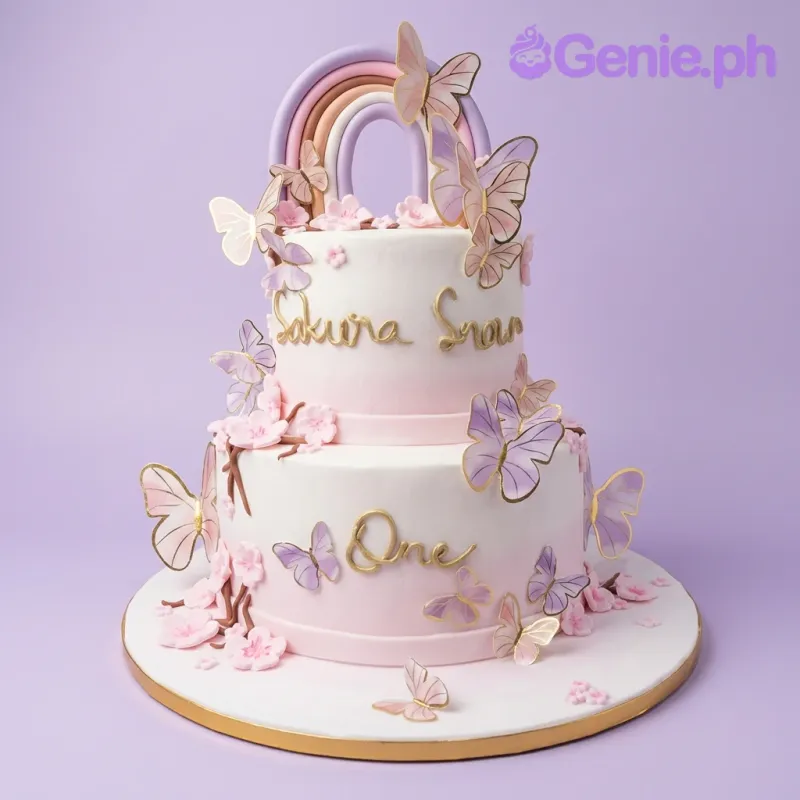 A white and pink ombre 2 Tier Fondant cake, Butterfly Sakura themed, with a pastel rainbow, purple butterflies, and pink cherry blossoms. A white and pink ombre 2 Tier Fondant cake, Butterfly Sakura themed, with a pastel rainbow, purple butterflies, and pink cherry blossoms.