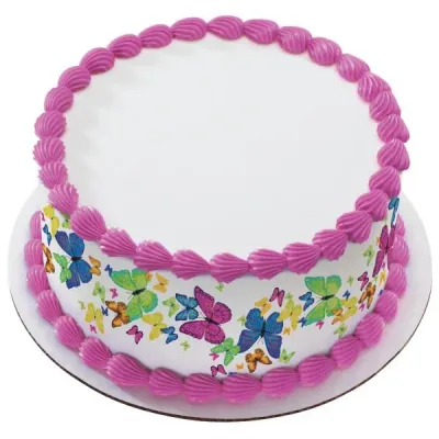 A white round 1-tier cake with pink shell borders and colorful butterfly printouts on the sides. A white round 1-tier cake with pink shell borders and colorful butterfly printouts on the sides.