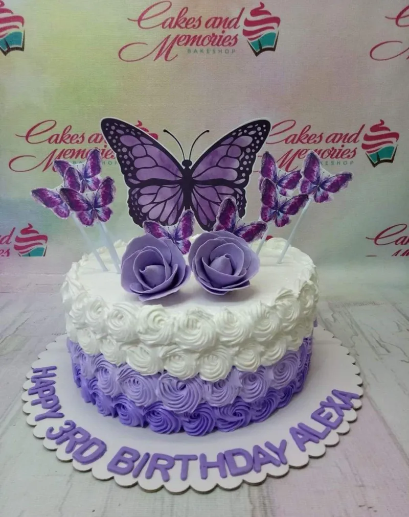 Purple and white ombre rosette cake with large purple butterfly and rose toppers for a 3rd birthday. Purple and white ombre rosette cake with large purple butterfly and rose toppers for a 3rd birthday.