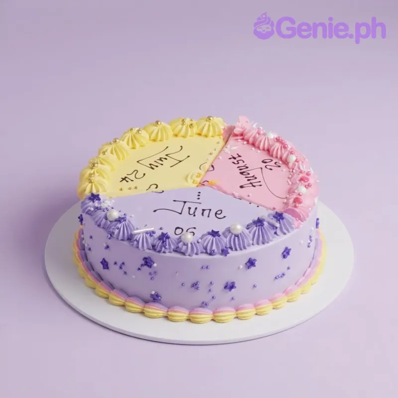 Round 1-tier cake with white sides, divided into yellow, pink, and purple sections, each featuring a date and matching sprinkles. Round 1-tier cake with white sides, divided into yellow, pink, and purple sections, each featuring a date and matching sprinkles.