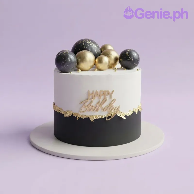 White and black 1-tier cake with gold leaf accents, metallic spheres, and a gold script topper White and black 1-tier cake with gold leaf accents, metallic spheres, and a gold script topper