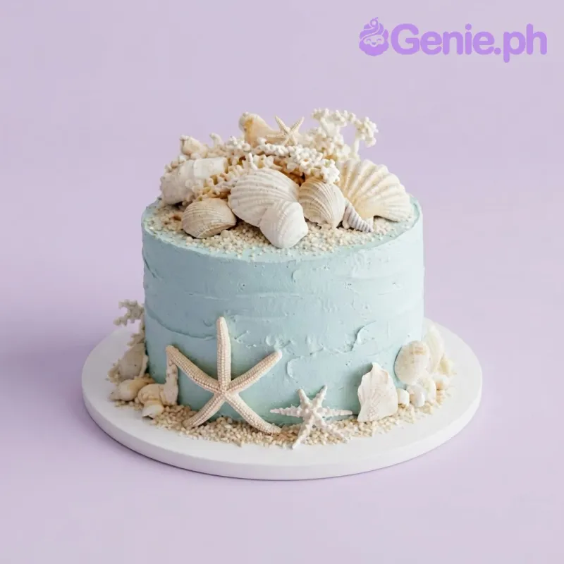 Sky blue 1-tier cake with soft icing, beach theme, a fondant seashell cluster, and graham sand Sky blue 1-tier cake with soft icing, beach theme, a fondant seashell cluster, and graham sand