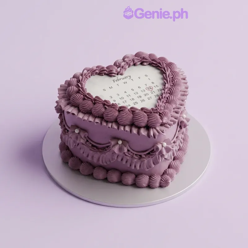 Lavender heart-shaped cake with a calendar printout on top and piped icing borders Lavender heart-shaped cake with a calendar printout on top and piped icing borders