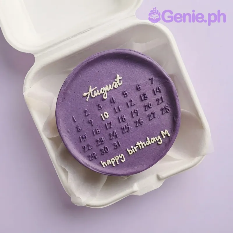 Purple bento cake with smooth soft icing, calendar minimalist theme, and ivory piped dates Purple bento cake with smooth soft icing, calendar minimalist theme, and ivory piped dates