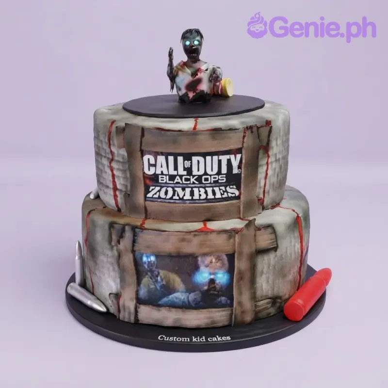 Tan 2 tier fondant cake with smooth icing, Call of Duty Zombies theme, and a sculpted zombie figure Tan 2 tier fondant cake with smooth icing, Call of Duty Zombies theme, and a sculpted zombie figure