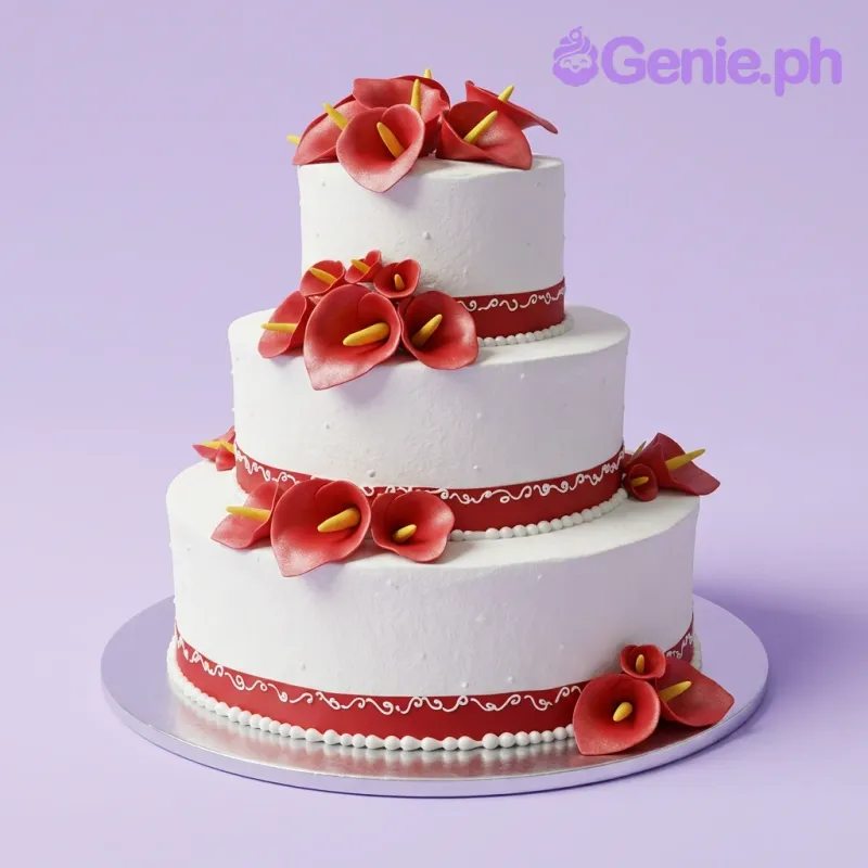 A white, red, and yellow 3-tier cake themed Calla Lily Wedding, featuring red gumpaste calla lilies and red ribbon borders. A white, red, and yellow 3-tier cake themed Calla Lily Wedding, featuring red gumpaste calla lilies and red ribbon borders.