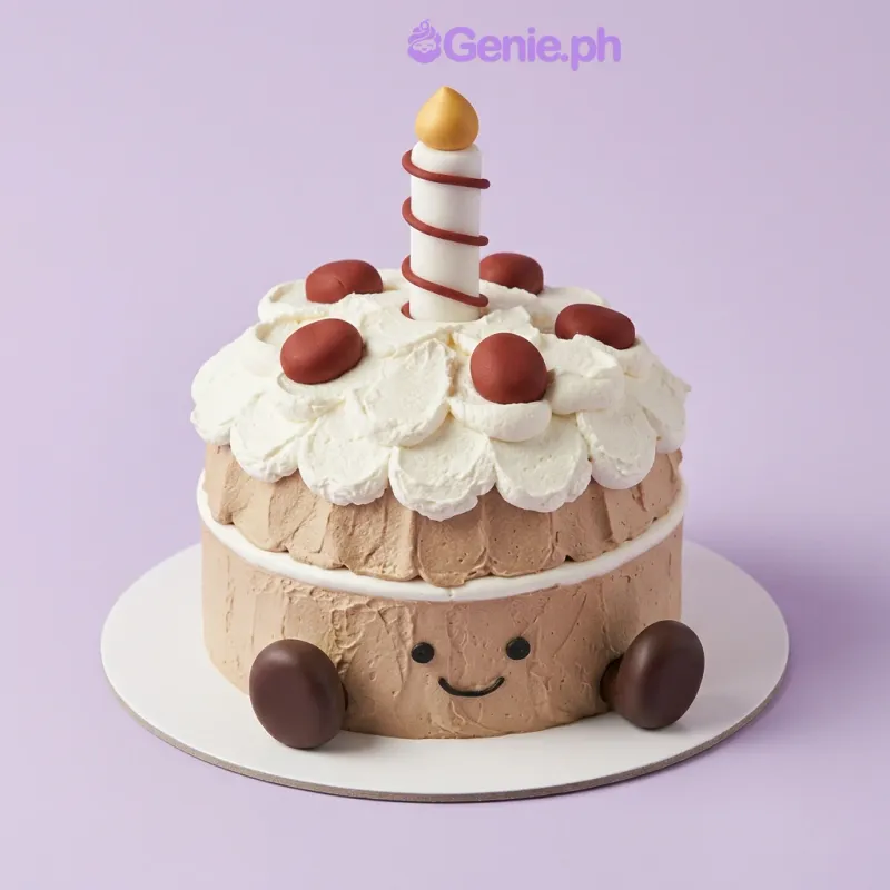 Tan 1-tier cake with a large candle topper and piped face design Tan 1-tier cake with a large candle topper and piped face design
