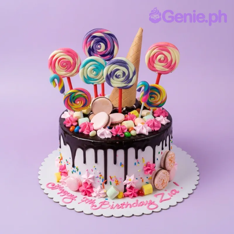 White 1-tier birthday cake with chocolate drip, colorful lollipops, macarons, marshmallows, and pink icing rosettes. White 1-tier birthday cake with chocolate drip, colorful lollipops, macarons, marshmallows, and pink icing rosettes.