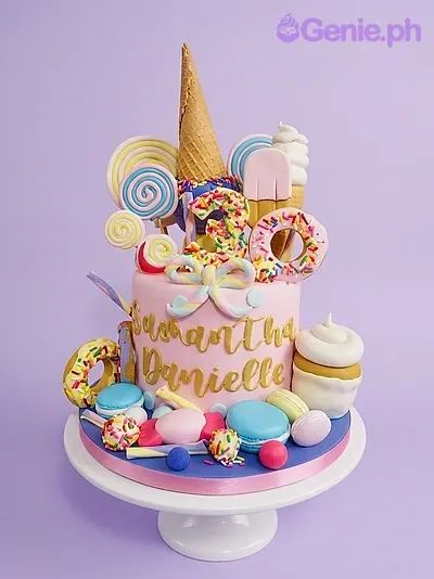 A pink 1 Tier Fondant cake themed around Candy Land, featuring a waffle cone, number 3, and donuts, with colorful lollipops and macarons. A pink 1 Tier Fondant cake themed around Candy Land, featuring a waffle cone, number 3, and donuts, with colorful lollipops and macarons.