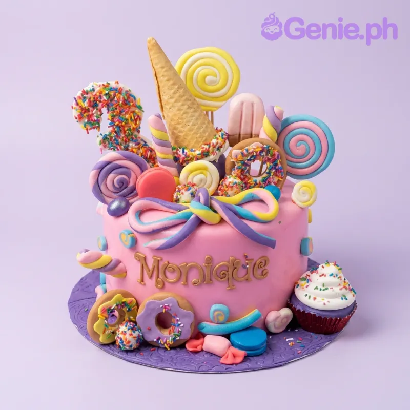 A pink and purple 1 Tier Fondant cake themed around Candy Land, featuring lollipops, donuts, an ice cream cone, and a cupcake. A pink and purple 1 Tier Fondant cake themed around Candy Land, featuring lollipops, donuts, an ice cream cone, and a cupcake.