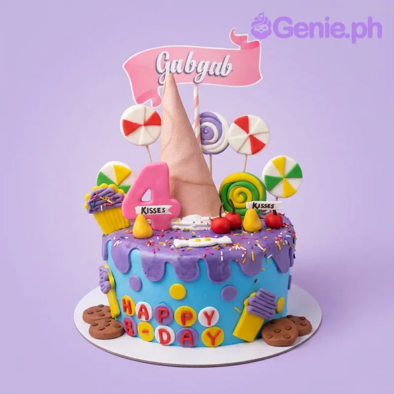 Colorful candy-themed birthday cake with purple and blue icing, lollipops, ice cream cone, and cookies. Colorful candy-themed birthday cake with purple and blue icing, lollipops, ice cream cone, and cookies.