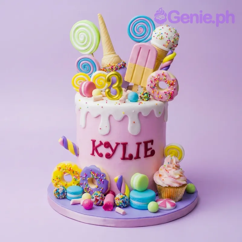 A pink and white 1-tier cake themed around Candy Land, featuring a gold number 3 candle, ice cream cones, lollipops, donuts, and macarons. A pink and white 1-tier cake themed around Candy Land, featuring a gold number 3 candle, ice cream cones, lollipops, donuts, and macarons.