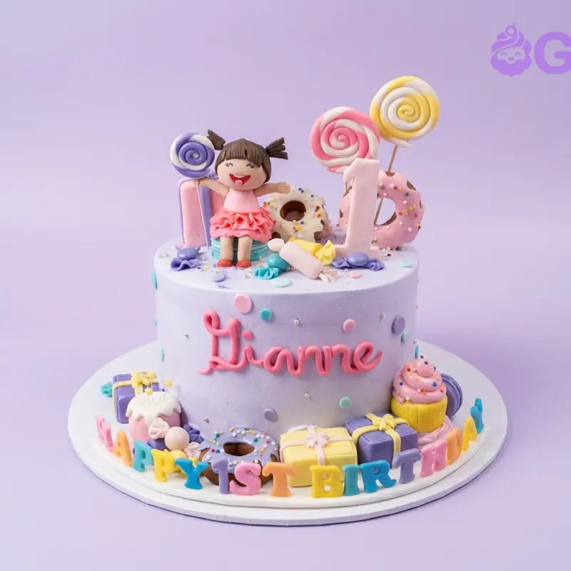 A light purple 1-tier cake themed around Candy Theme, featuring a fondant girl figure, pink number one, lollipops, donuts, and gift boxes. A light purple 1-tier cake themed around Candy Theme, featuring a fondant girl figure, pink number one, lollipops, donuts, and gift boxes.