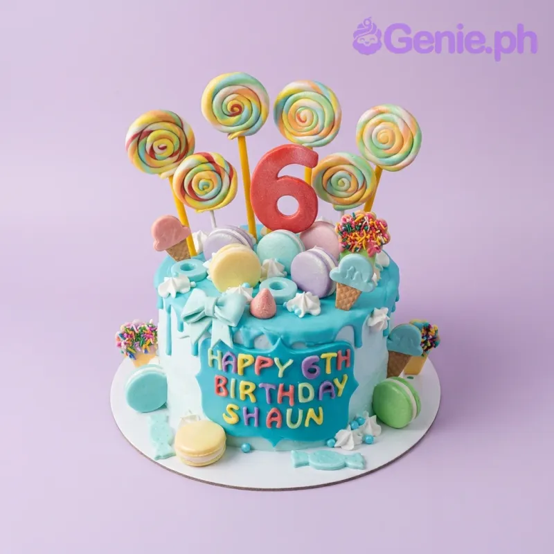 Light blue 1-tier birthday cake for Shaun's 6th birthday featuring colorful lollipops, macarons, and ice cream cone toppers. Light blue 1-tier birthday cake for Shaun's 6th birthday featuring colorful lollipops, macarons, and ice cream cone toppers.